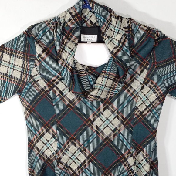Robbie Bee Signature Sweater Dress Wm Lg Teal Plaid Cowl Turtleneck 3/4 Sleeve - Picture 2 of 12
